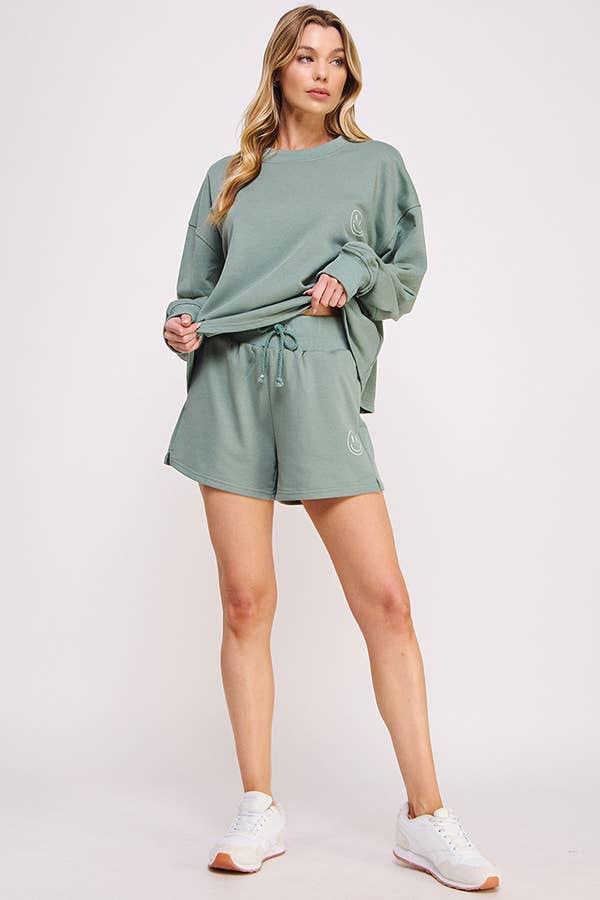 HAPPY FACE GRAPHIC MINI SHORTS W/ DRAWSTRING
