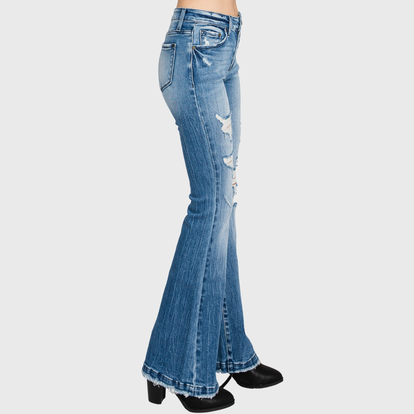 T929MF DISTRESSED MID RISE STRETCH FLARE WITH TROUSER HEM