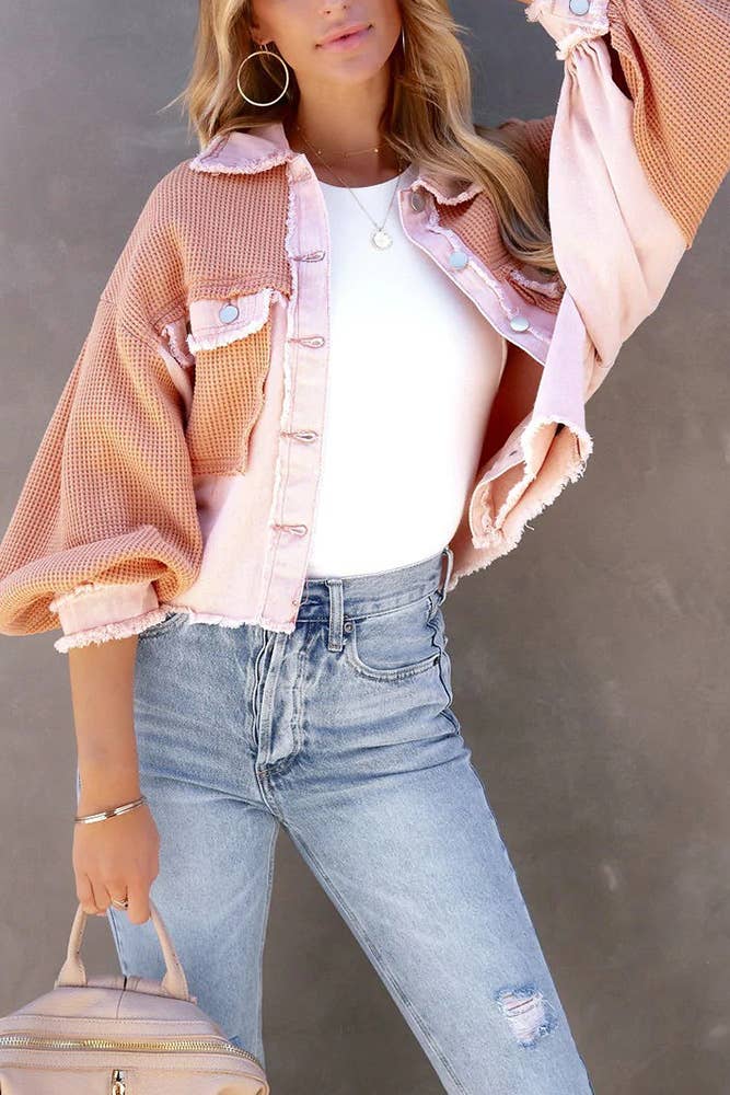 Plain Waffle Knit Button Up Crop Shacket ZK722