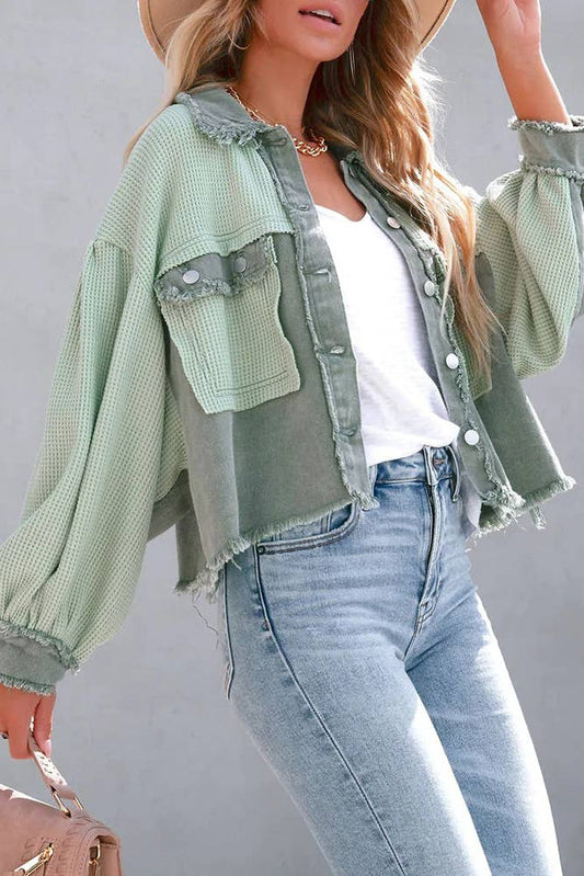 Plain Waffle Knit Button Up Crop Shacket ZK722