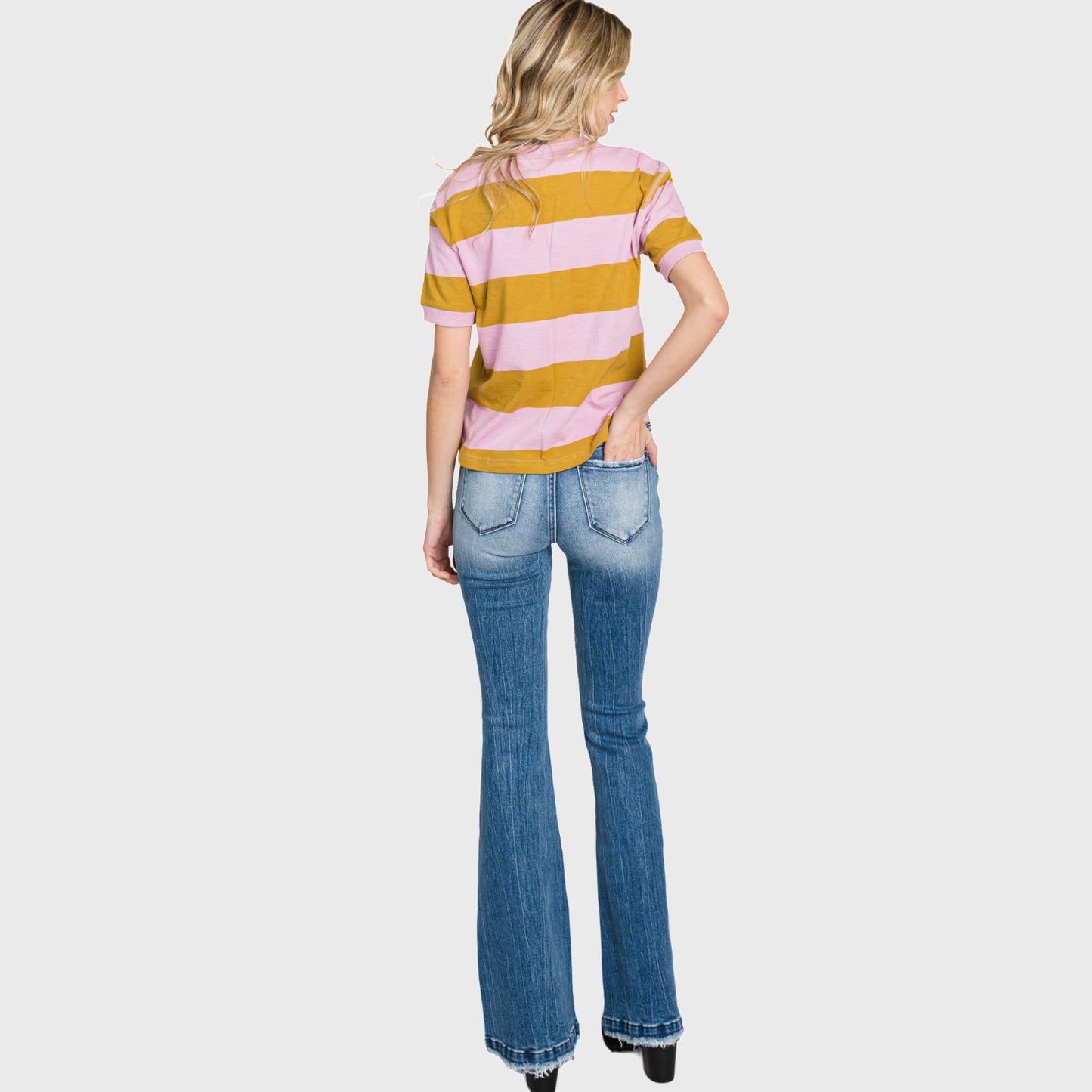 T929MF DISTRESSED MID RISE STRETCH FLARE WITH TROUSER HEM