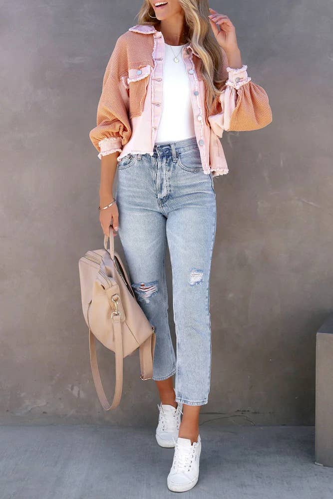 Plain Waffle Knit Button Up Crop Shacket ZK722