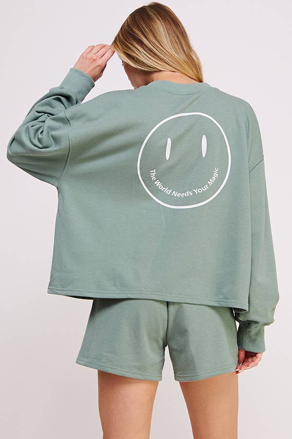 HAPPY FACE GRAPHIC MINI SHORTS W/ DRAWSTRING