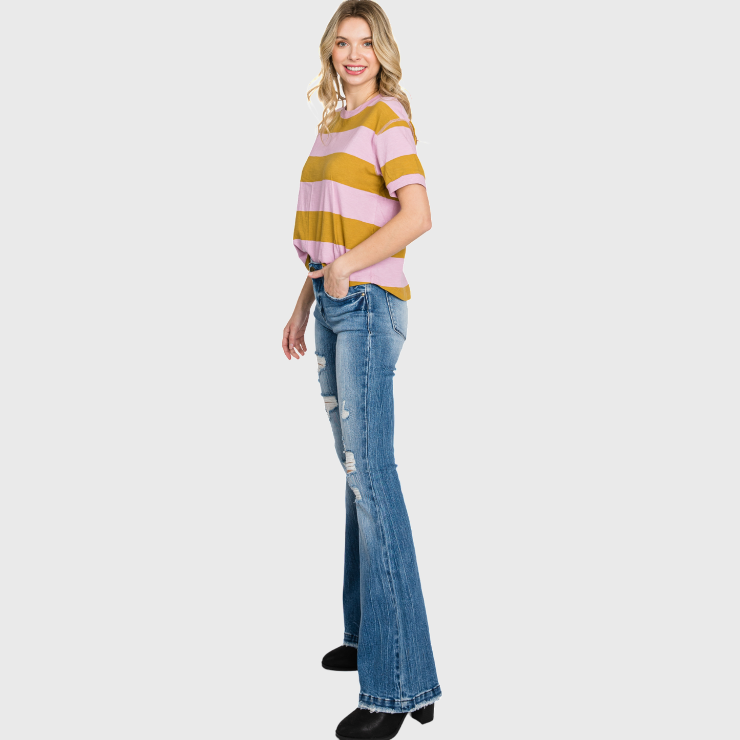 T929MF DISTRESSED MID RISE STRETCH FLARE WITH TROUSER HEM