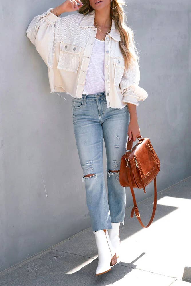 Plain Waffle Knit Button Up Crop Shacket ZK722