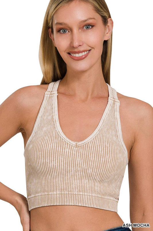 Stone Washed Ribbed Racerback Tank Top W Bra Pad
