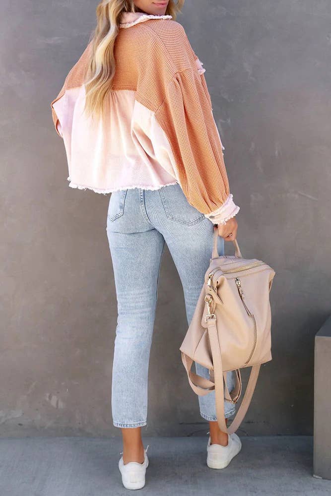 Plain Waffle Knit Button Up Crop Shacket ZK722
