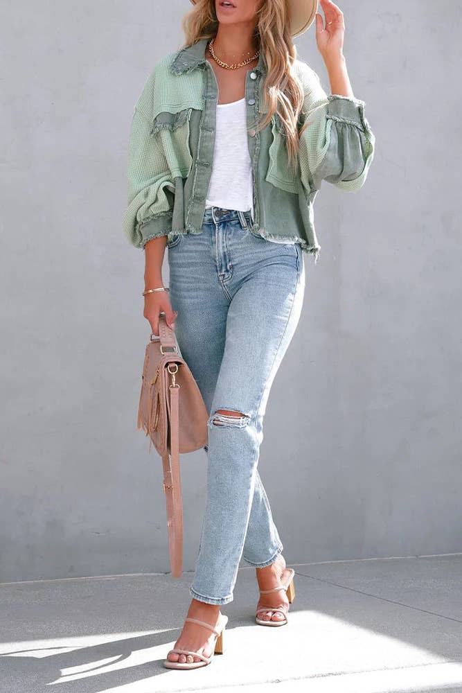 Plain Waffle Knit Button Up Crop Shacket ZK722