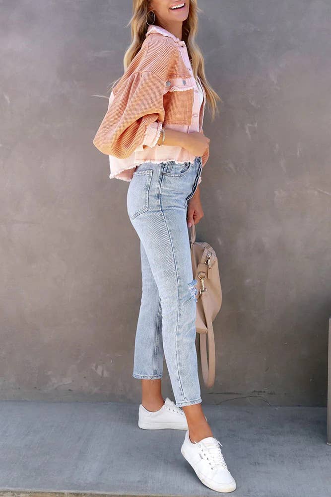 Plain Waffle Knit Button Up Crop Shacket ZK722