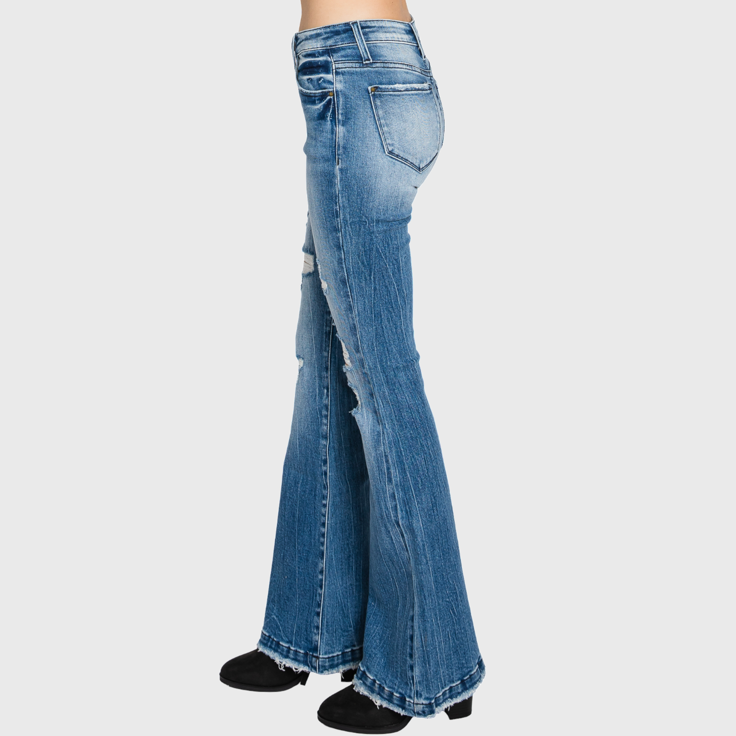 T929MF DISTRESSED MID RISE STRETCH FLARE WITH TROUSER HEM