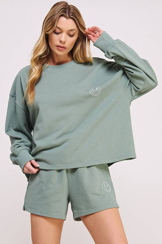 HAPPY FACE GRAPHIC MINI SHORTS W/ DRAWSTRING