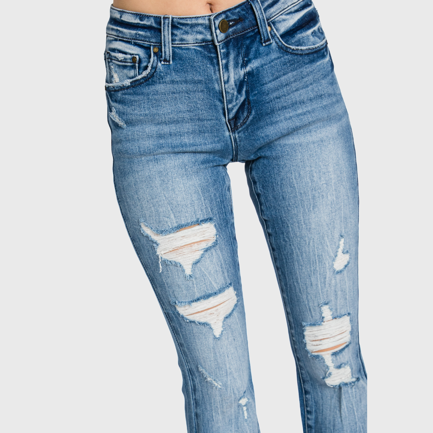 T929MF DISTRESSED MID RISE STRETCH FLARE WITH TROUSER HEM