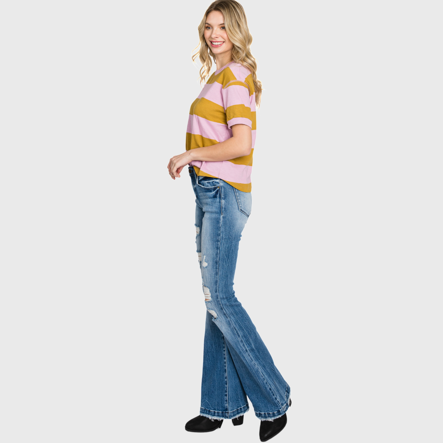 T929MF DISTRESSED MID RISE STRETCH FLARE WITH TROUSER HEM
