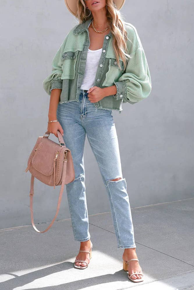 Plain Waffle Knit Button Up Crop Shacket ZK722