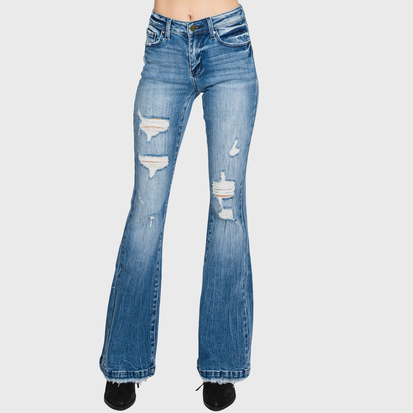T929MF DISTRESSED MID RISE STRETCH FLARE WITH TROUSER HEM