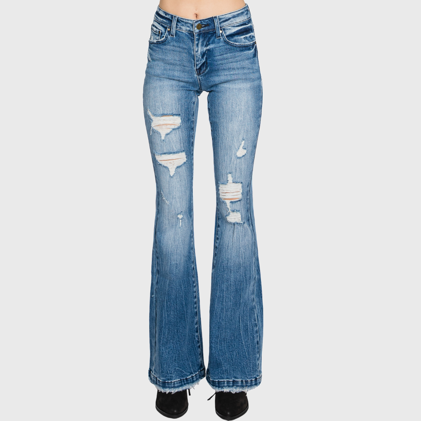 T929MF DISTRESSED MID RISE STRETCH FLARE WITH TROUSER HEM