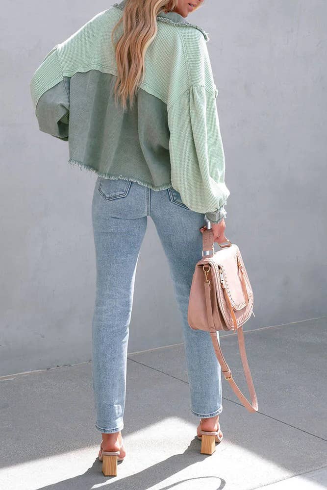 Plain Waffle Knit Button Up Crop Shacket ZK722