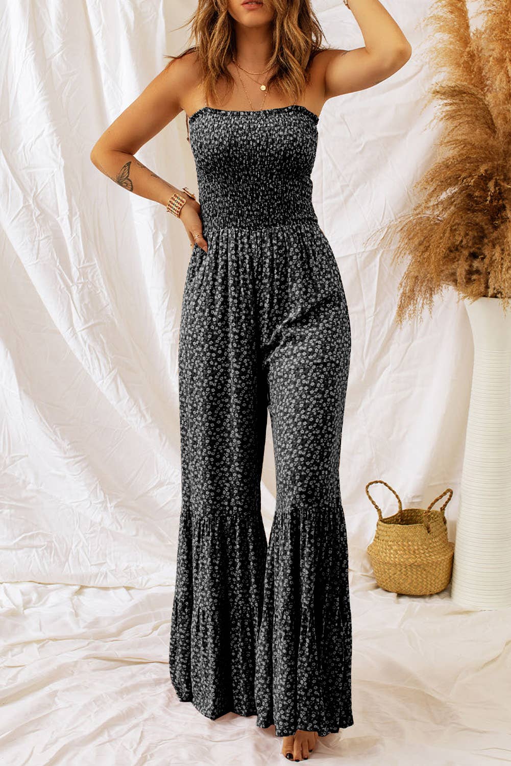 Straps Smocked Bodice Wide Leg Floral Jumpsuit
