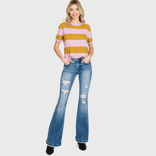 T929MF DISTRESSED MID RISE STRETCH FLARE WITH TROUSER HEM