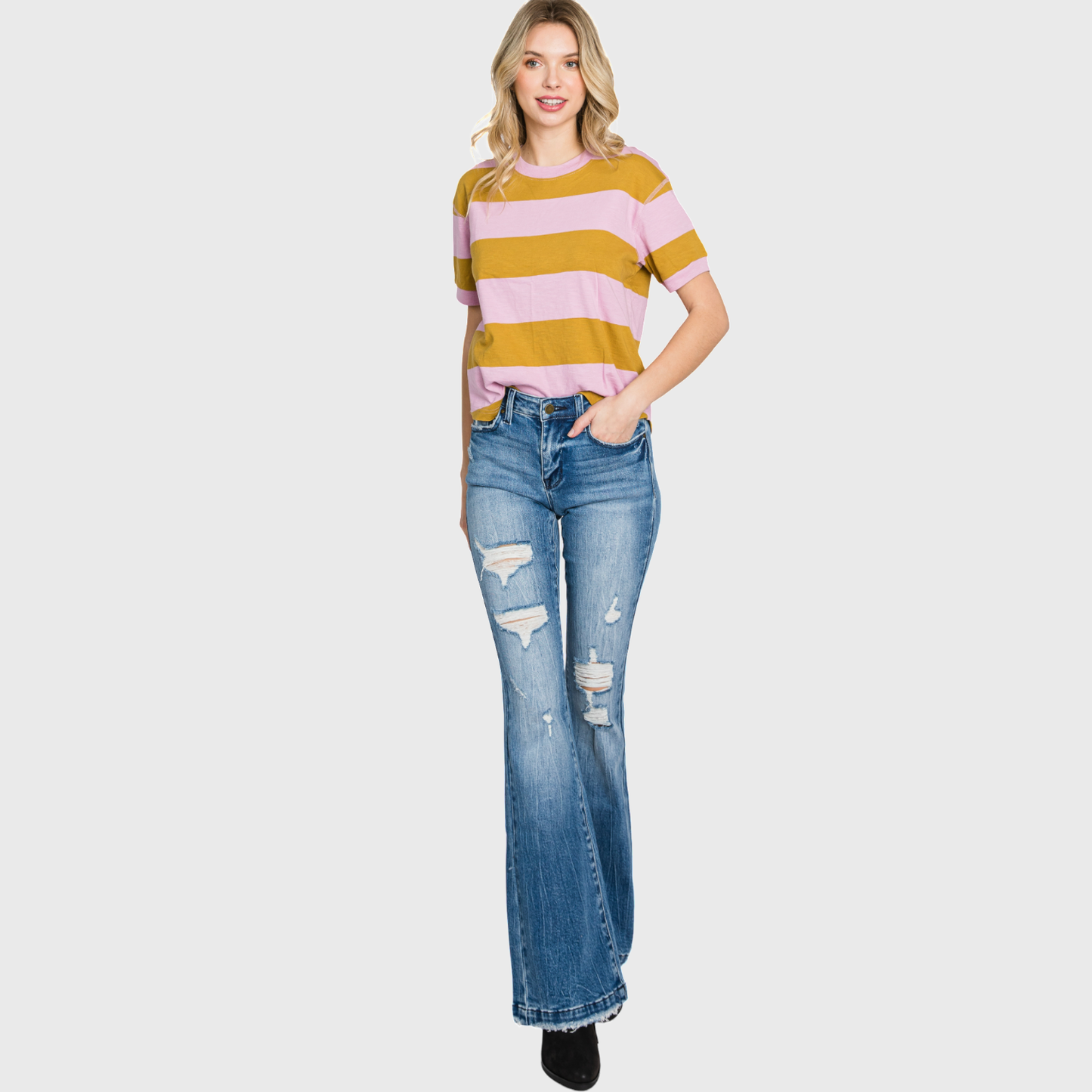 T929MF DISTRESSED MID RISE STRETCH FLARE WITH TROUSER HEM