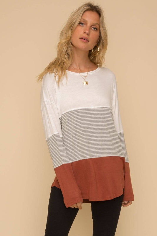 Color block long sleeve knit top